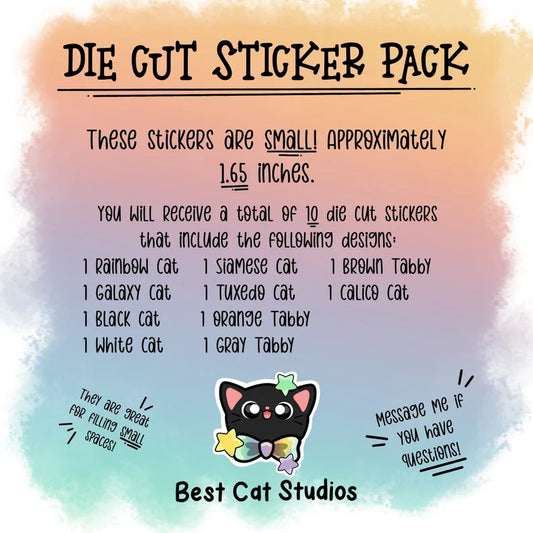 Mini Sticker 10 Pack - Bow Tie Cats - Die Cut Sticker Pack (1.65 inch)