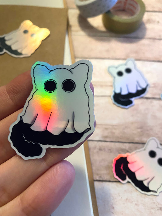 Cute and Spooky Holographic Rainbow Waterproof Sticker, Cat Lovers